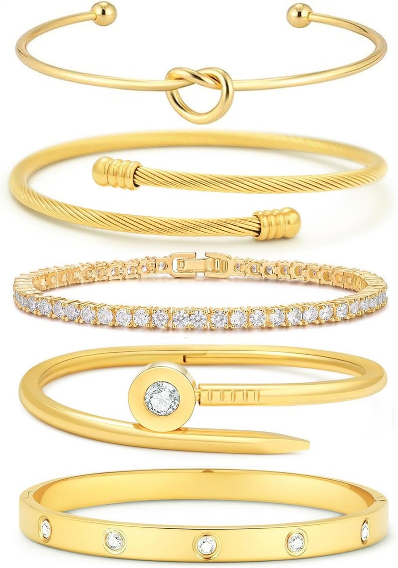 FAFUGA 18 K Gold Plated Love Bangle Bracelet Stack Cuff Jewelry for Women Jewelry Set for Women Gift with Box - Image 1
